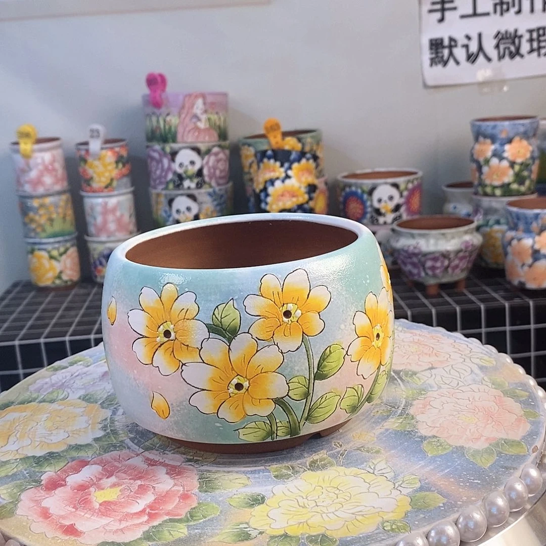 红泥花盆红陶手绘花盆