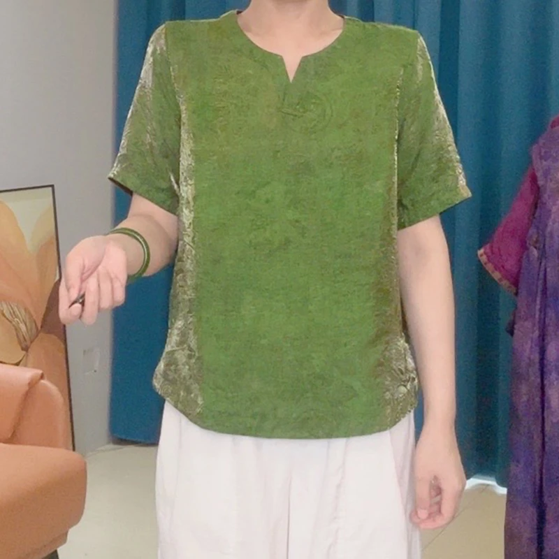 【100桑蚕丝双面双穿】夏季短袖浮光锦上衣宽松百搭