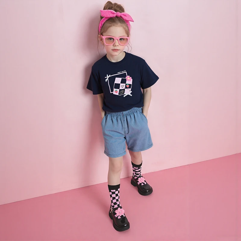 MQD童装女大童25夏季甜美时尚圆领印花短袖t恤BD25220326