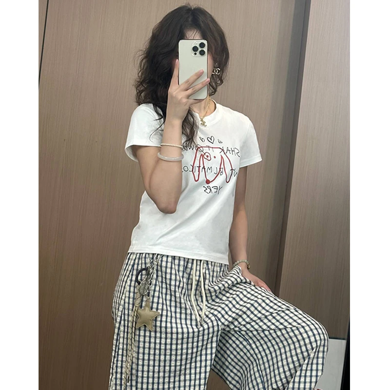 索罗娜美式高街正肩印花短袖t恤夏季宽松百搭慵懒风休闲圆领上衣