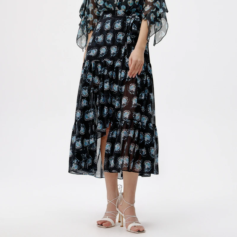 HPLY荷比俪2022夏新款女浅蓝度假风不规则浪漫半身裙HMC27700365