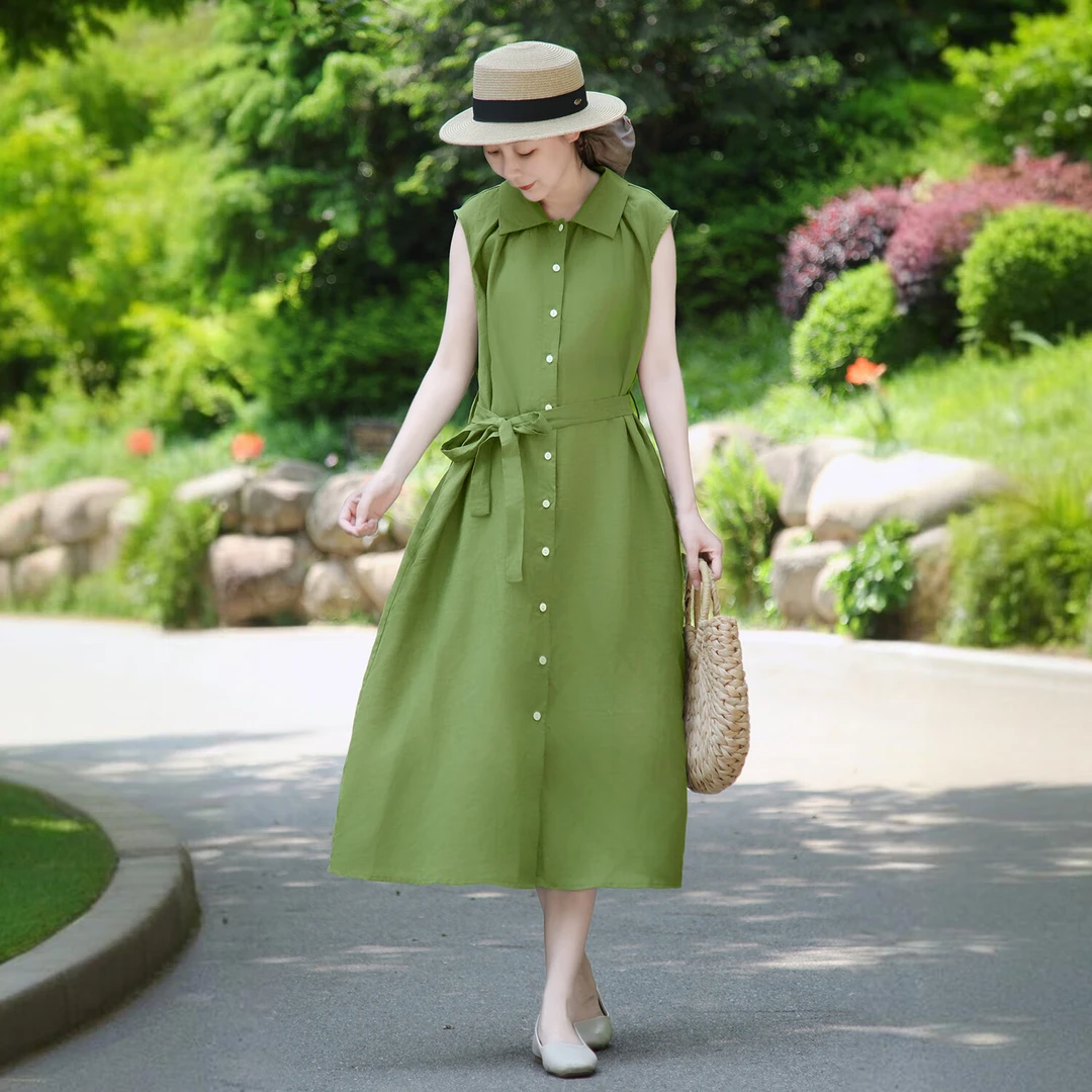 乱在江南清新淡雅苎麻绿色连衣裙夏季新品简约系带气质中长裙