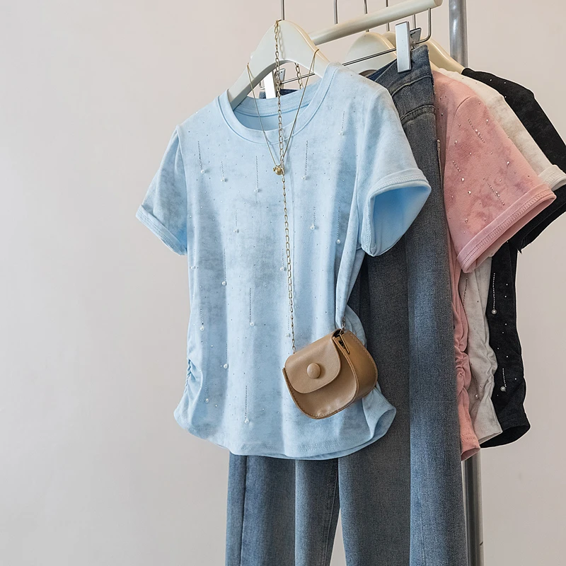 大码女装2025夏季新款显瘦百搭钉珠珍珠短袖T恤上衣1987