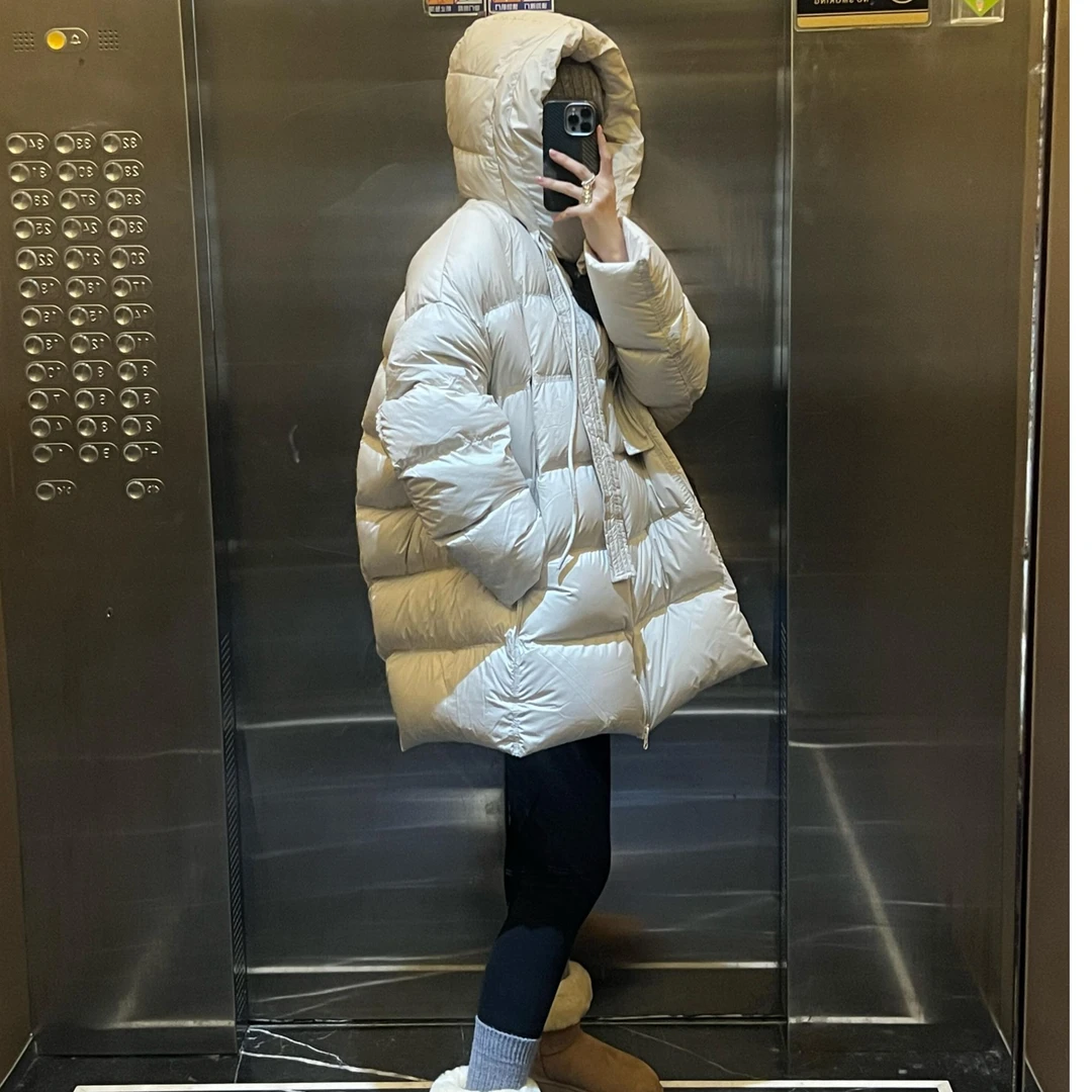 韩系飘带轻薄羽绒服女冬季2025新款今年流行白鸭绒保暖外套中长款
