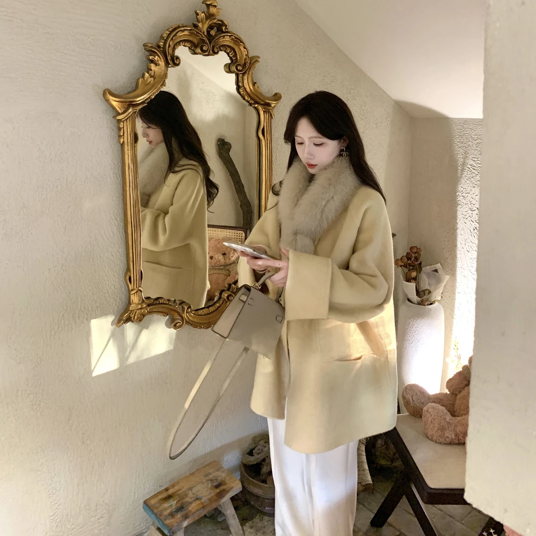 鱼er【芝士奶糕】设计师高定骆驼绒大衣冬宽松氛围感双面呢外套