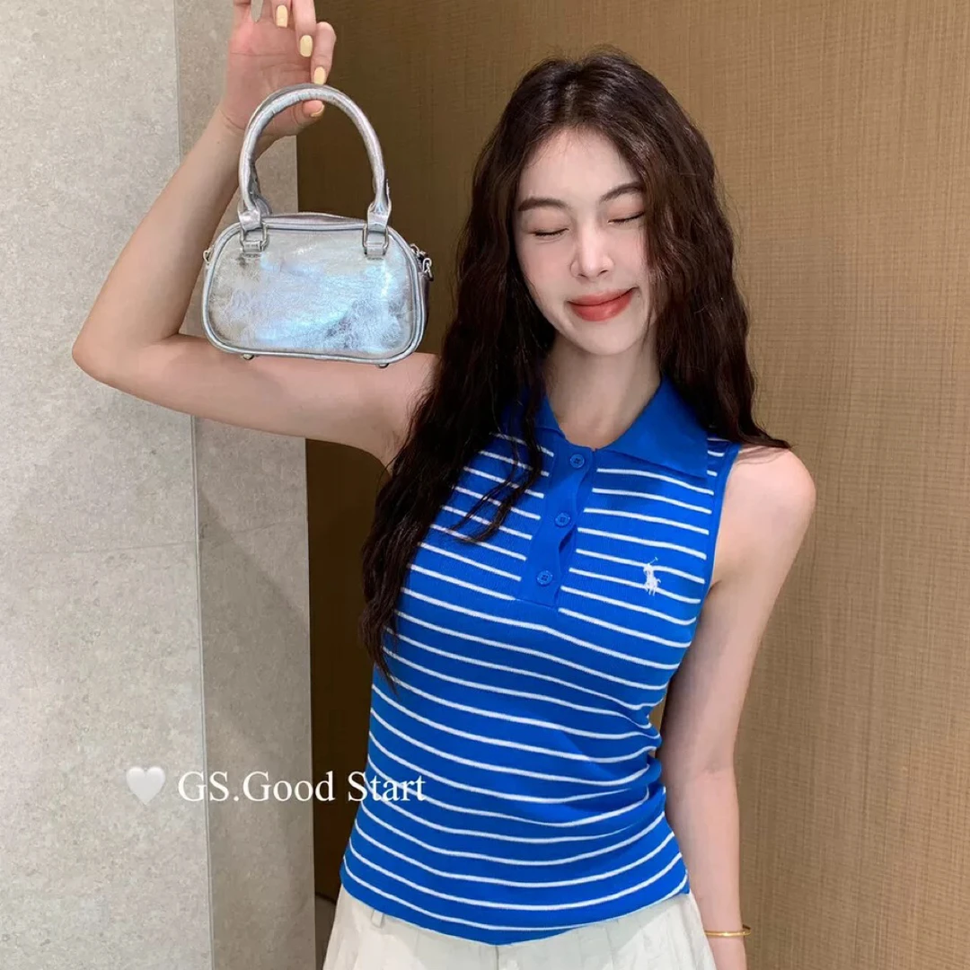 冰丝撞色条纹无袖POLO领针织背心外穿蓝色女夏季修身显瘦气质上衣
