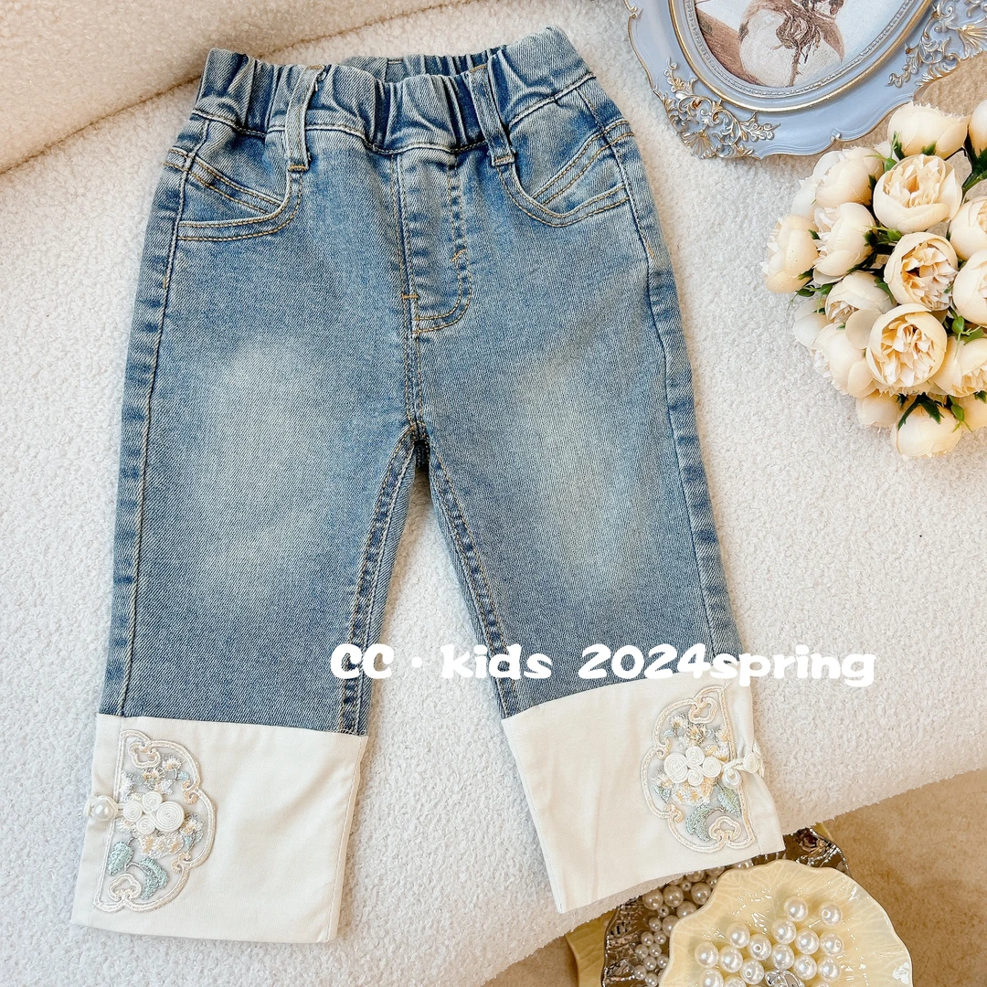 儿童装女童宝宝时尚百搭蓝色弹力春秋款新中式国风牛仔裤24212