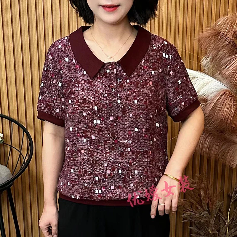 妈妈装夏季薄款娃娃领设计感透气显瘦中老年女装短袖上衣 A6616