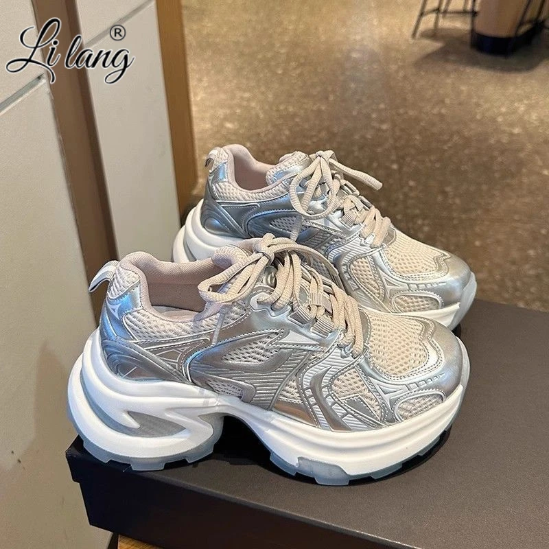 2025春夏夏新款银色厚底增高老爹鞋女网面透气百搭休闲运动鞋ins