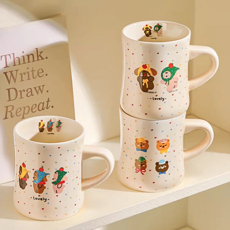 卡通水杯墨色卡通马克杯女生陶瓷喝水杯家用杯子高颜值牛奶早餐杯