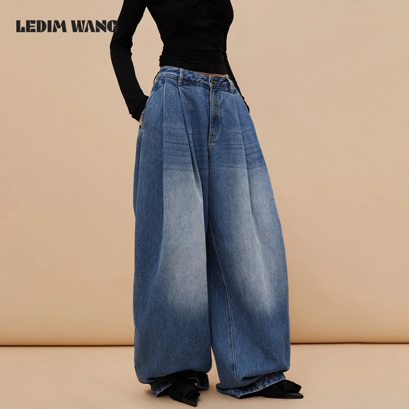 1LEDIM WANG纯棉褶子阔腿牛仔裤女新款慵懒风宽松复古洗水萝卜裤