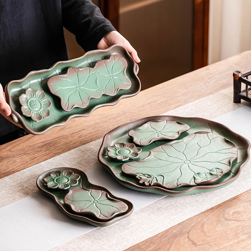 中式荷花陶瓷茶盘托盘客厅家用高档泡茶办公室小型茶台沥水盘茶具