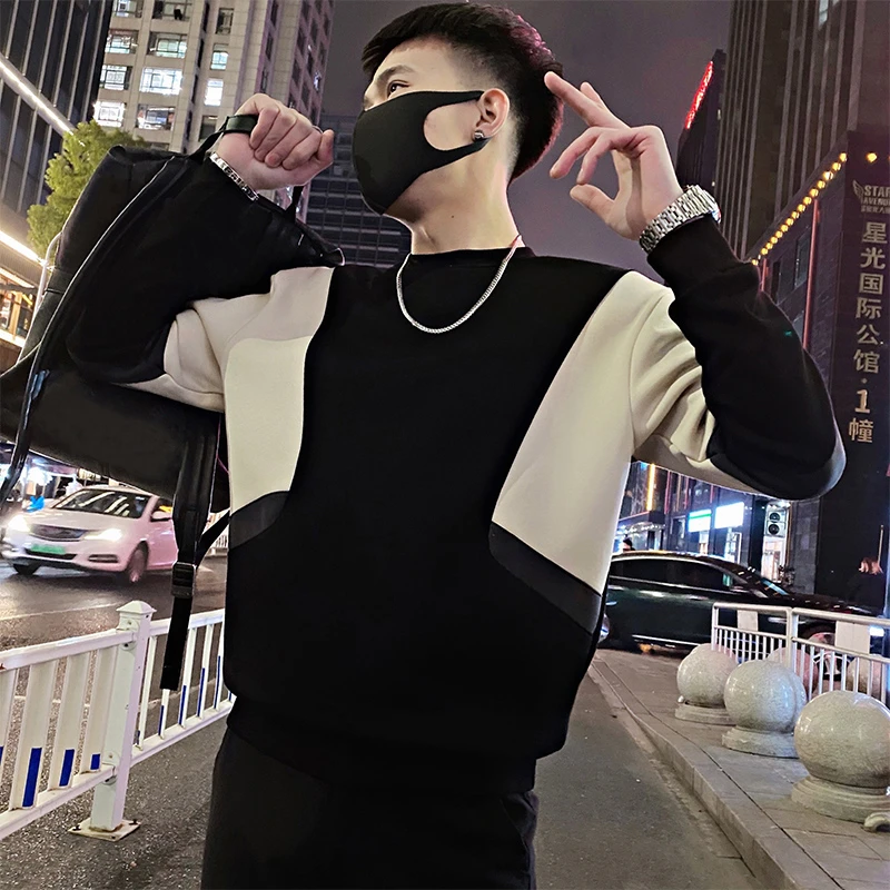 时尚拼接男士卫衣男款潮牌撞色长袖T恤2025春秋新款痞帅休闲上衣