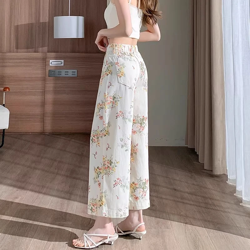印花阔腿牛仔裤女2025新款夏薄高腰设计垂感宽松休闲小个子直筒裤