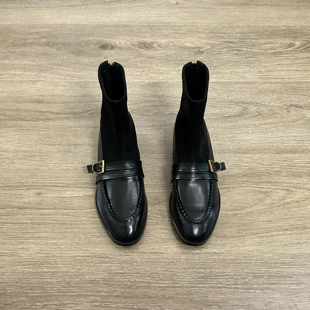 Dannyfrey头层牛皮女新款时尚金属扣弹力瘦瘦靴韩系小裸靴1.5CM