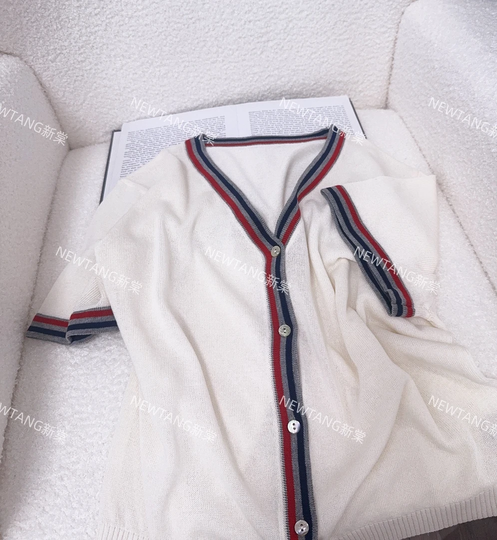 【蓝红交织】236气质时尚复古条纹领简约开衫短袖