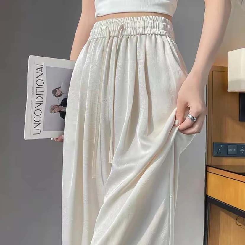 S89缎面阔腿裤垂顺高腰小格子长裤休闲裤冰丝拖地裤宽松显瘦