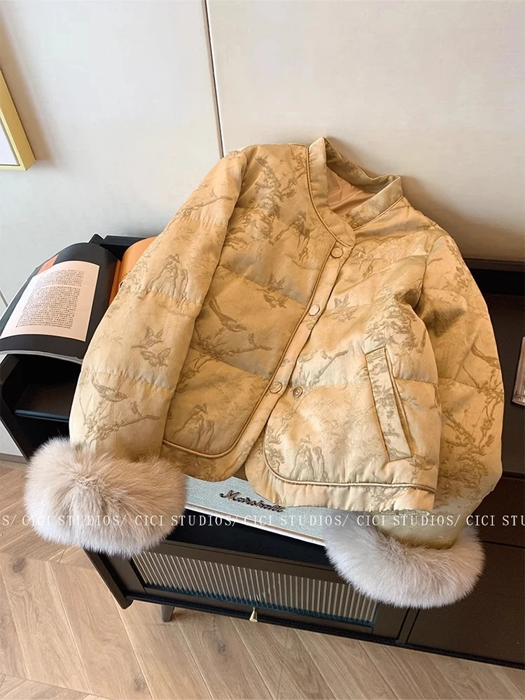 复古国风提花毛茸茸袖口棉服女秋冬季新款中式气质保暖棉衣外套潮