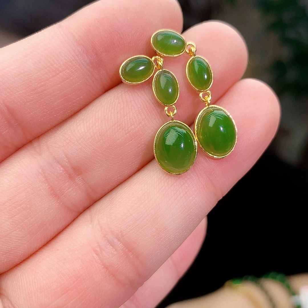 吊坠(不含链)银S925镶嵌和田玉（碧玉）耳钉