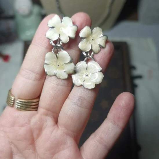 合成碳硅石合金中古vintage无标珐琅花朵扫肩