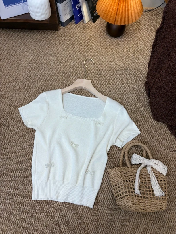 短袖蝴蝶蝴蝶结方领夏季毛针织衫针织衫修身ins风