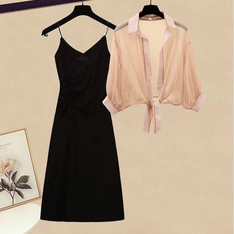 胖年春款通勤风轻熟风雪纺衫吊带中长连衣裙粉色白