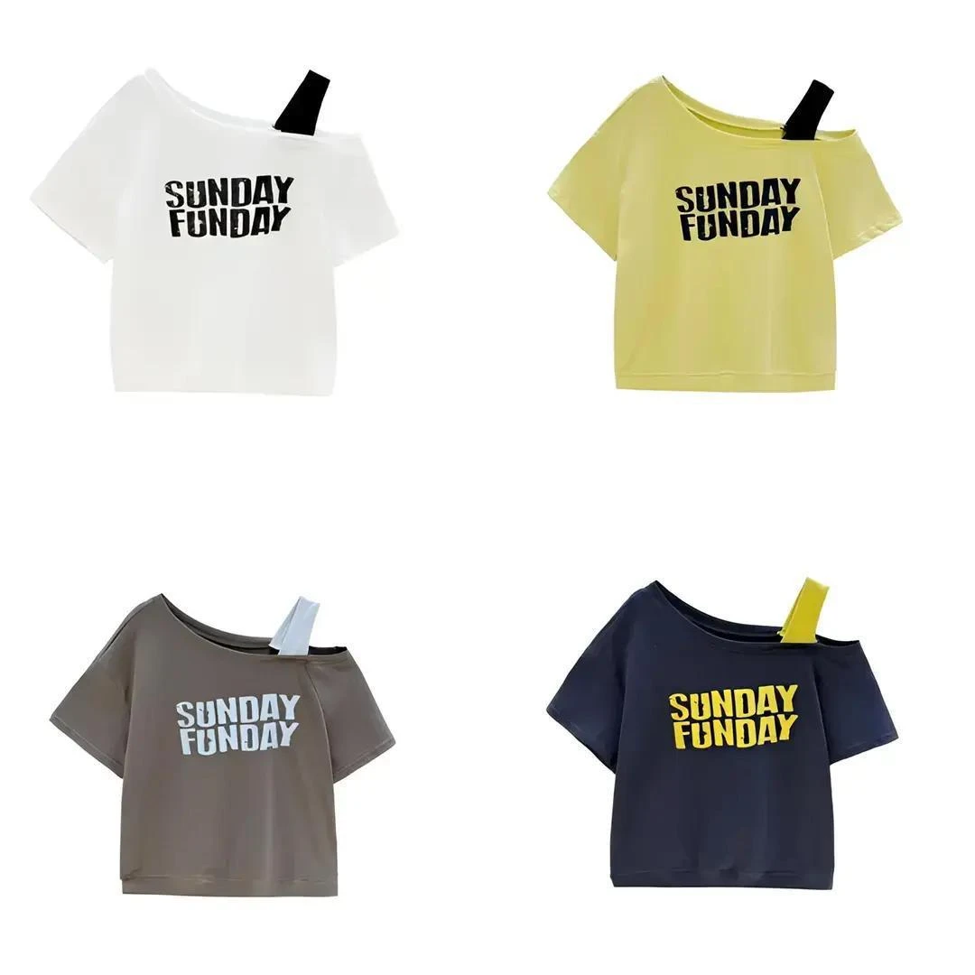 字母印花斜肩吊带设计感短袖T恤女2025夏季新款时尚百搭宽松上衣