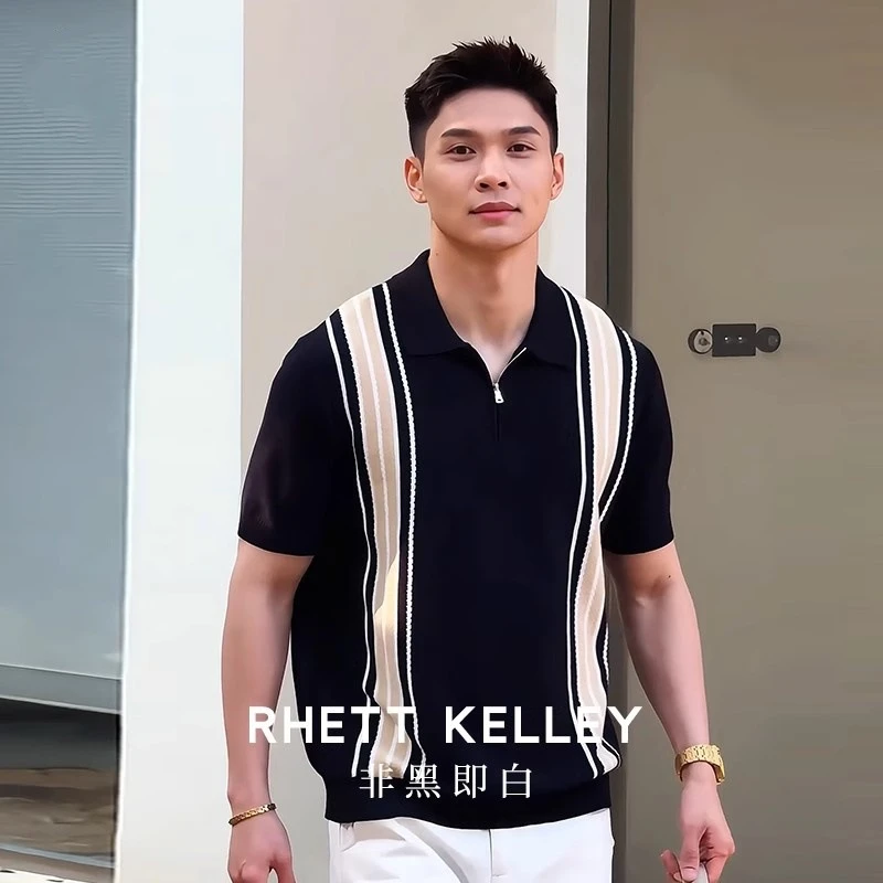 夏季轻熟风冰爽14针横机定织复古撞色菠萝纹提花条纹针织POLO衫男