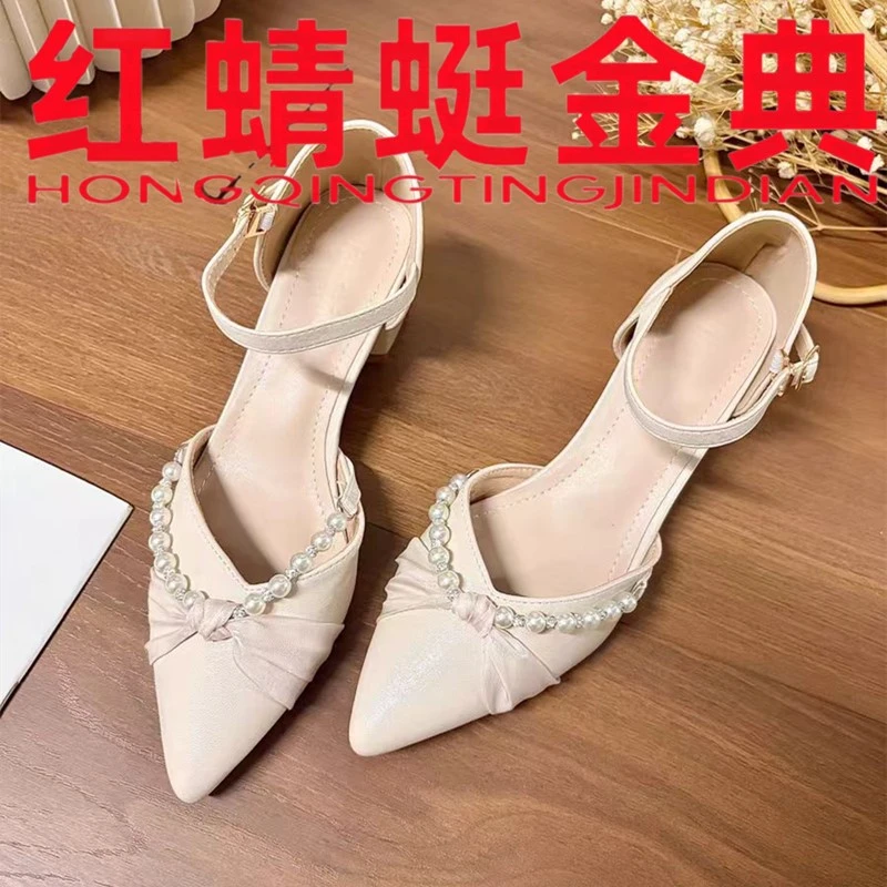 红蜻蜓金典玛丽珍鞋2025春夏新款浅口尖头粗高跟仙女风包头凉鞋女
