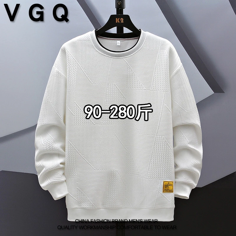 VGQ男士圆领假两件卫衣秋季加肥加大码宽松百搭纯色休闲长袖T恤