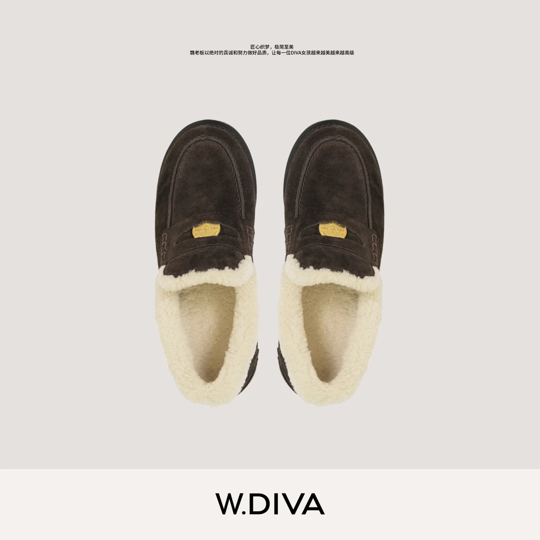 W.Diva【金币毛毛鞋】冬季高丝光牛反绒毛毛乐福鞋休闲鞋54X113371