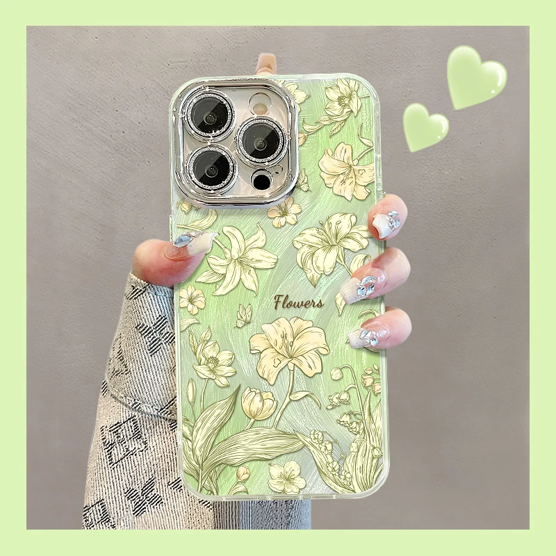 线条百合花适用苹果15华为vivo/oppo小米iPhone16精孔羽纱手机壳