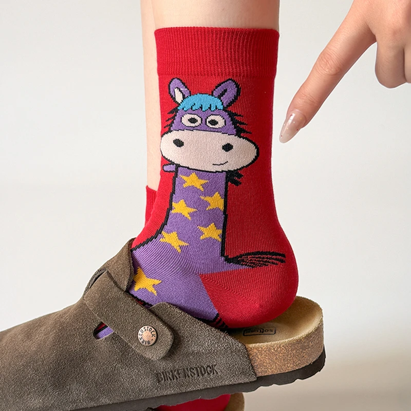 马年新年大红袜子男女同款情侣袜2026本命年中筒袜卡通小马堆堆袜