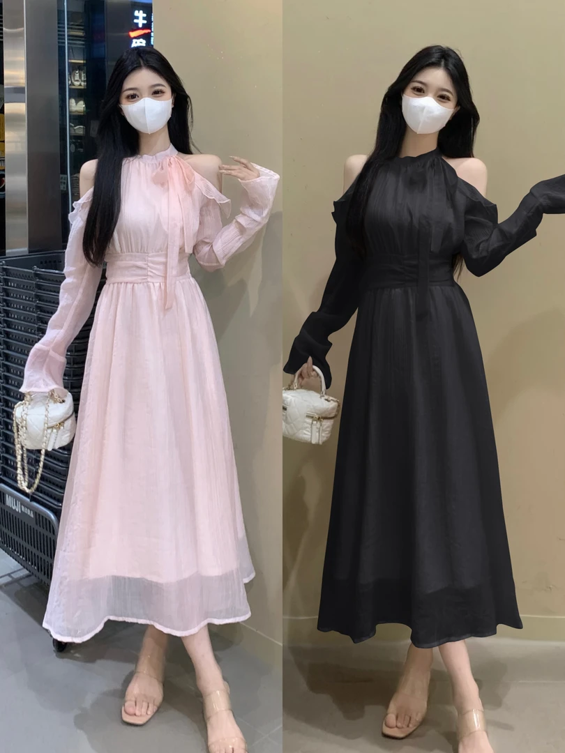 6213 长短款大码2025优雅女神露肩挂脖显瘦连衣裙