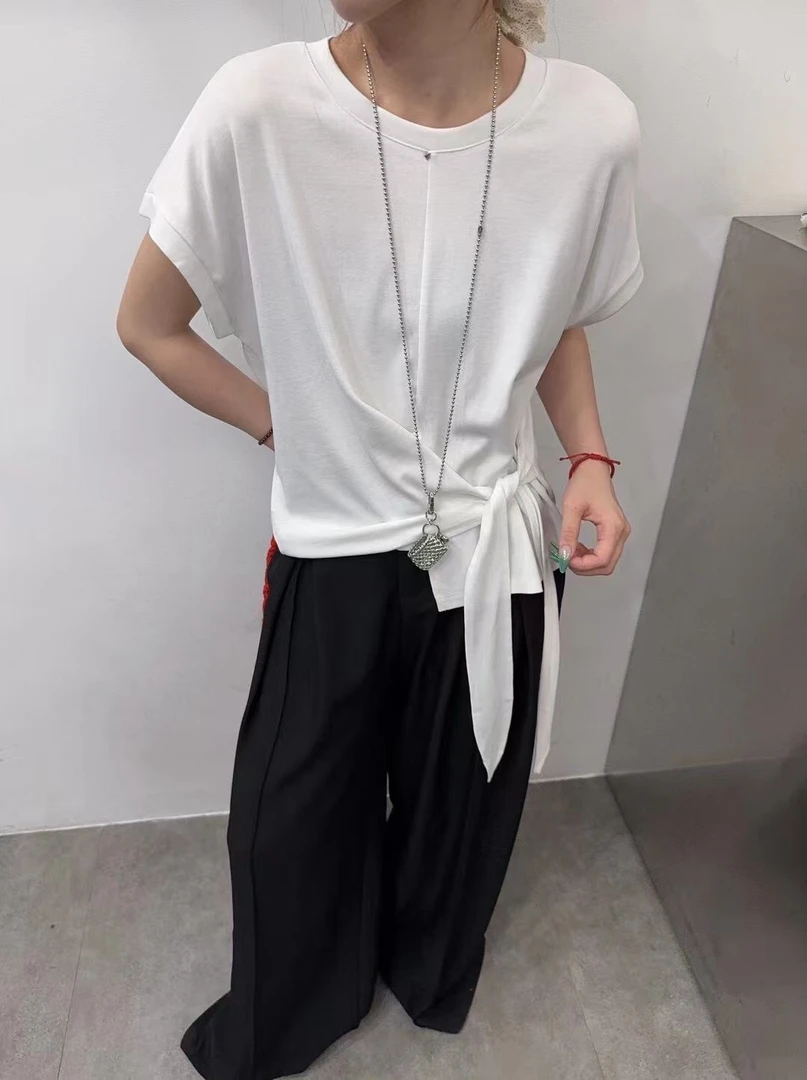 2191不规则绑带T桖短袖夏季女式时尚常规款女士宽松上衣显瘦