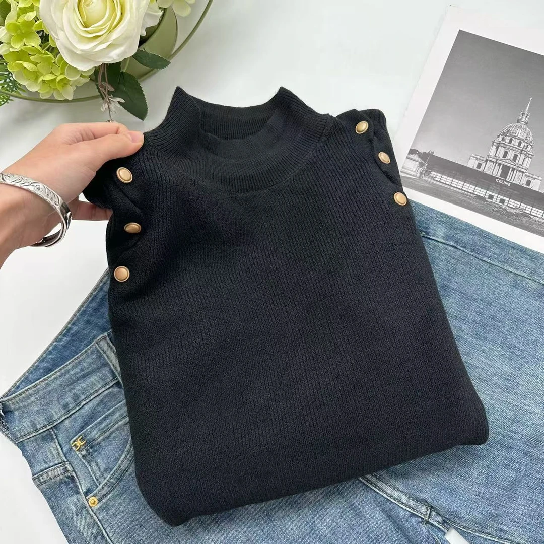 飞飞家 冬款内搭复古重工古铜钉扣圆领针织衫Y6032黑