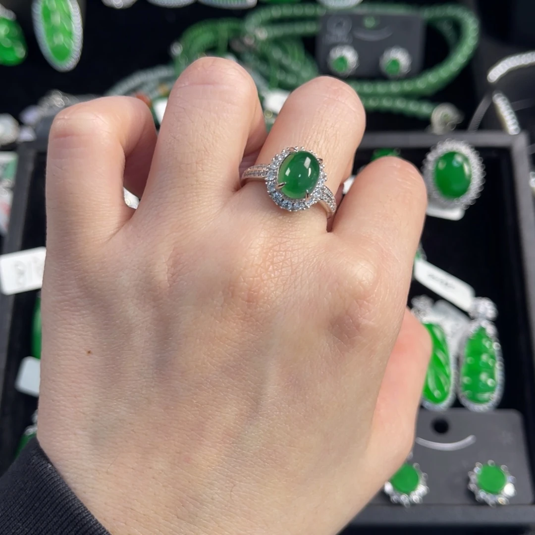 翡翠银S925镶嵌戒指蛋面戒指