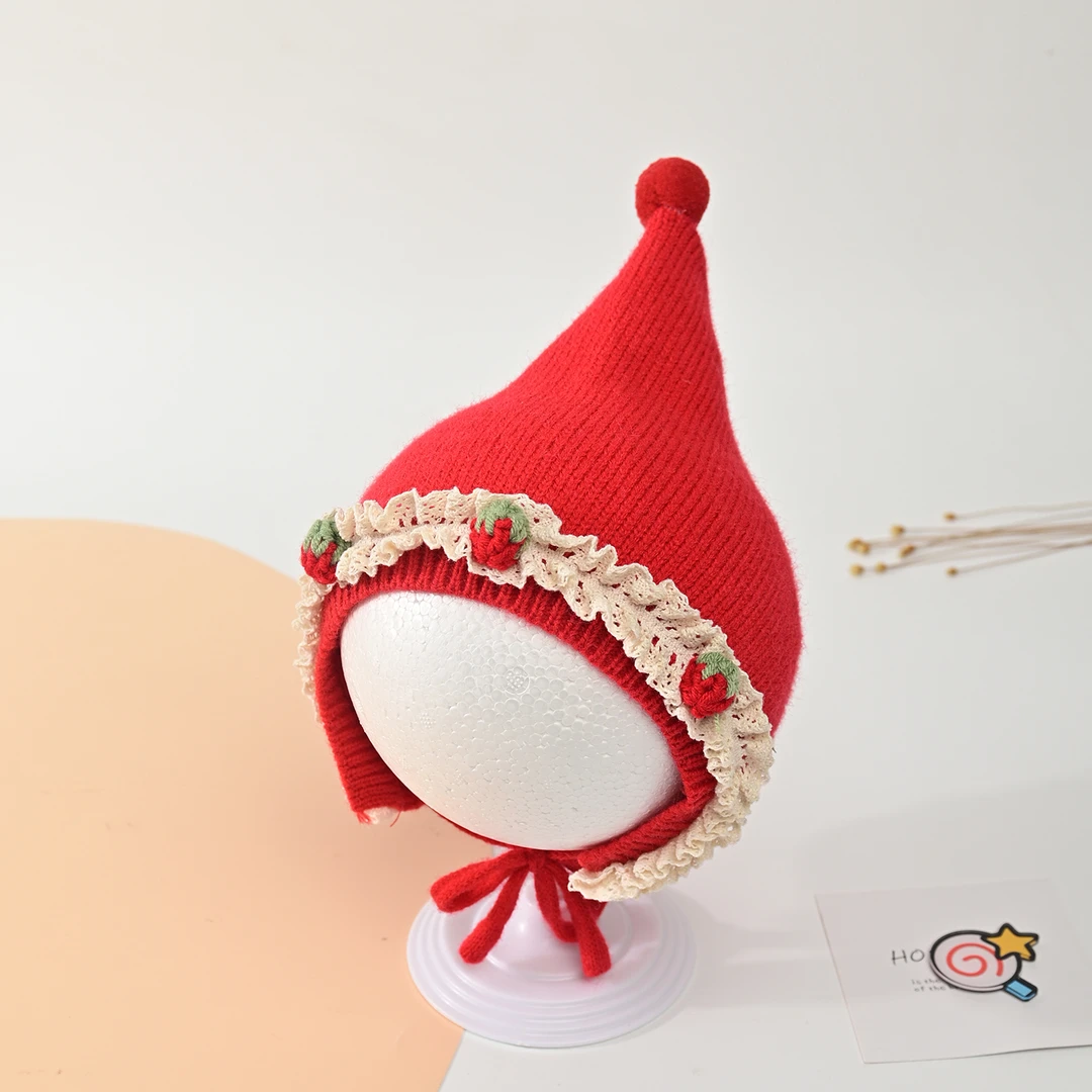 红色精灵帽婴儿帽子秋冬季保暖护耳帽女宝宝尖尖帽新年满月帽针织