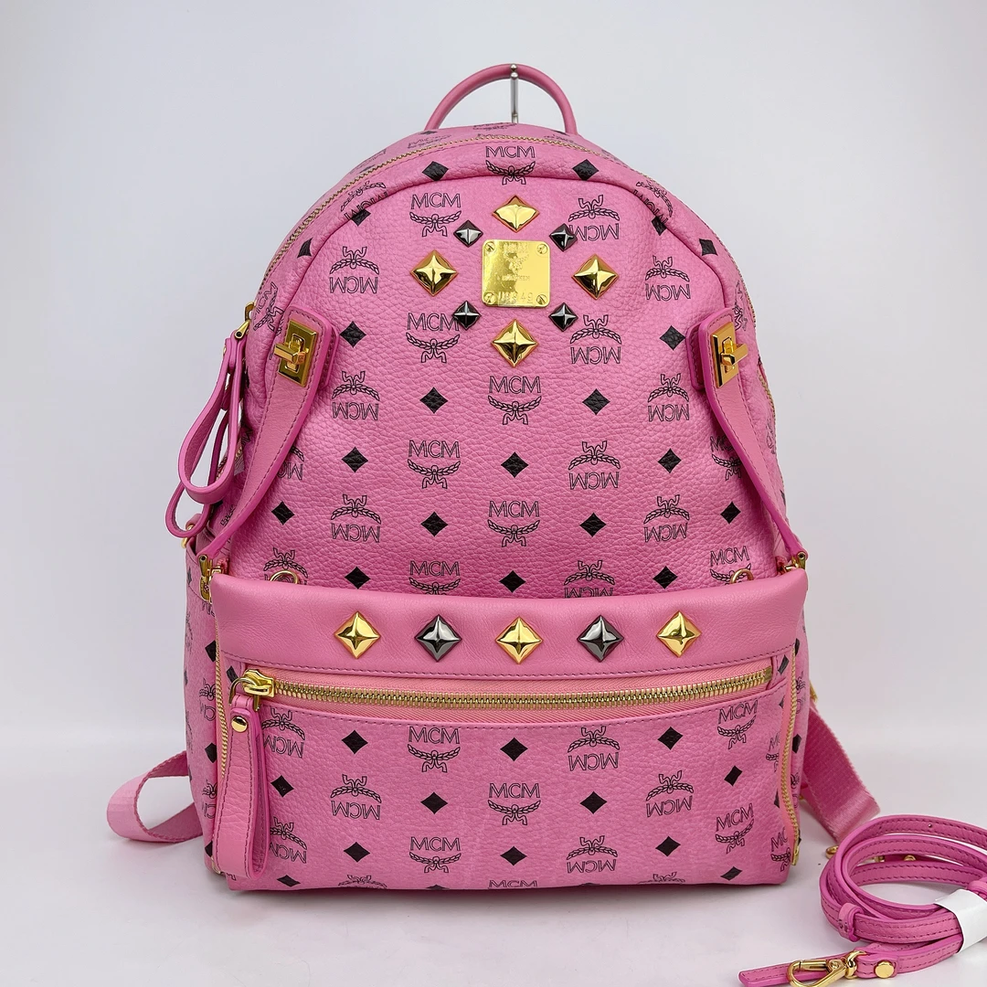 95新 MCM MCM 粉色老花双肩包底33 H480