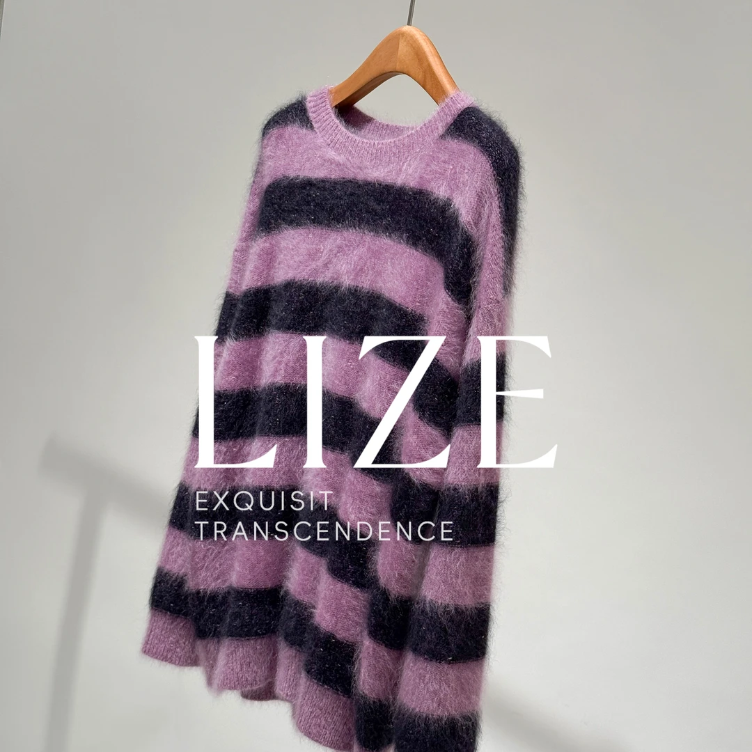 LIZE「玛蒂尔德L0204」高定奢感细闪100山羊绒撞色条纹拉毛拉绒毛衣