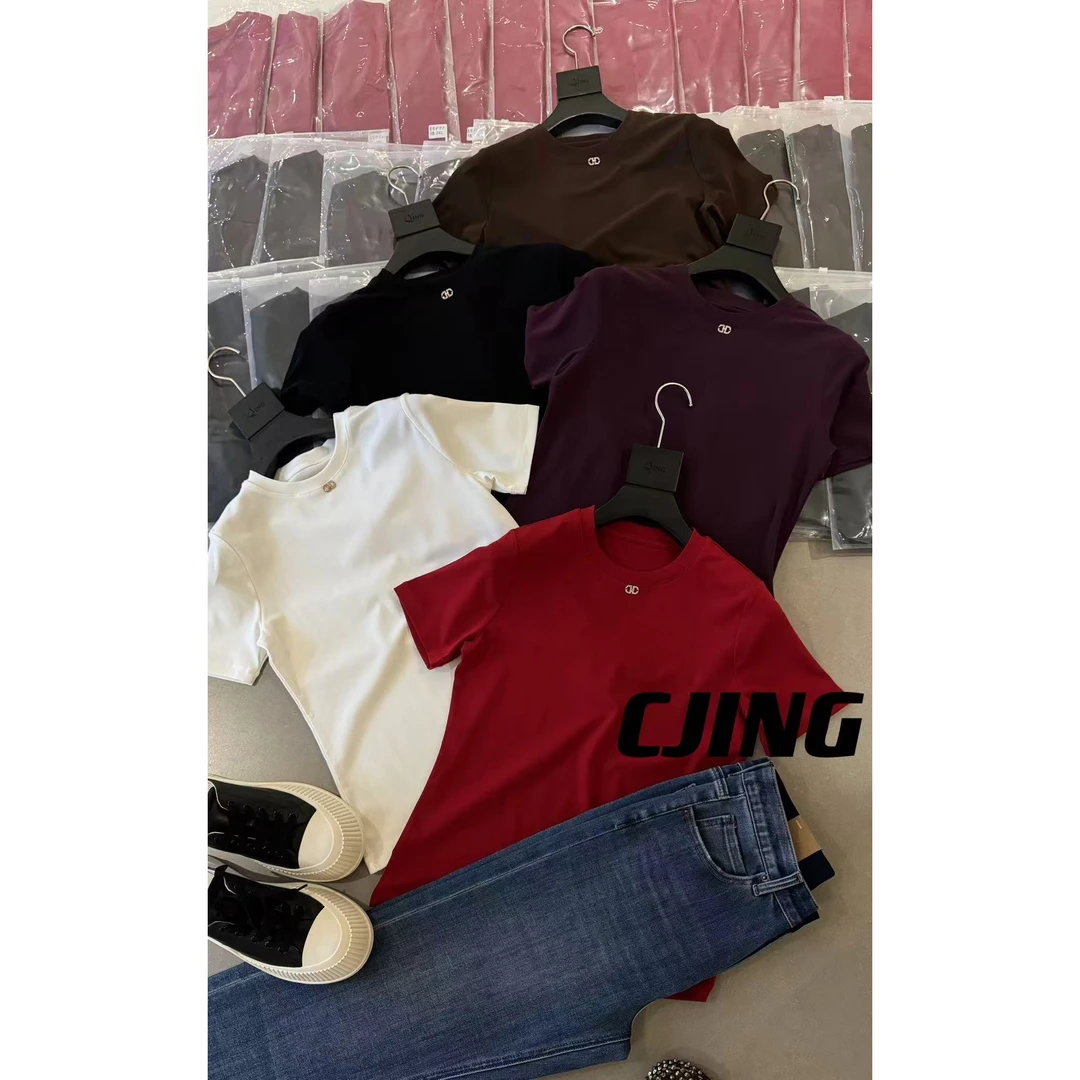 JING2025秋季定制77女装圆领短袖T恤衫女士纯色百搭休闲上衣