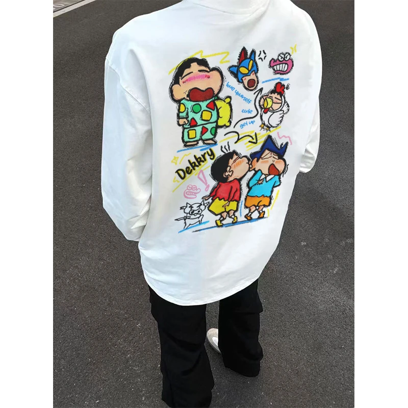 美式创意卡通蜡笔小新印花长袖T恤男秋冬季百搭宽松休闲纯棉上衣