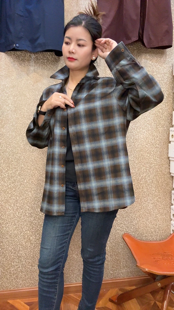 长袖百搭上衣常规衬衣单排多扣衬衫袖复古衬衫格纹格子春秋