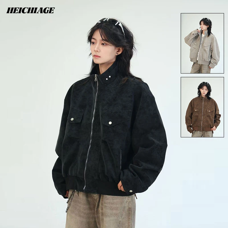 美式嘻哈纹理感PU皮翻领外套男女潮牌街头宽松机车服夹克