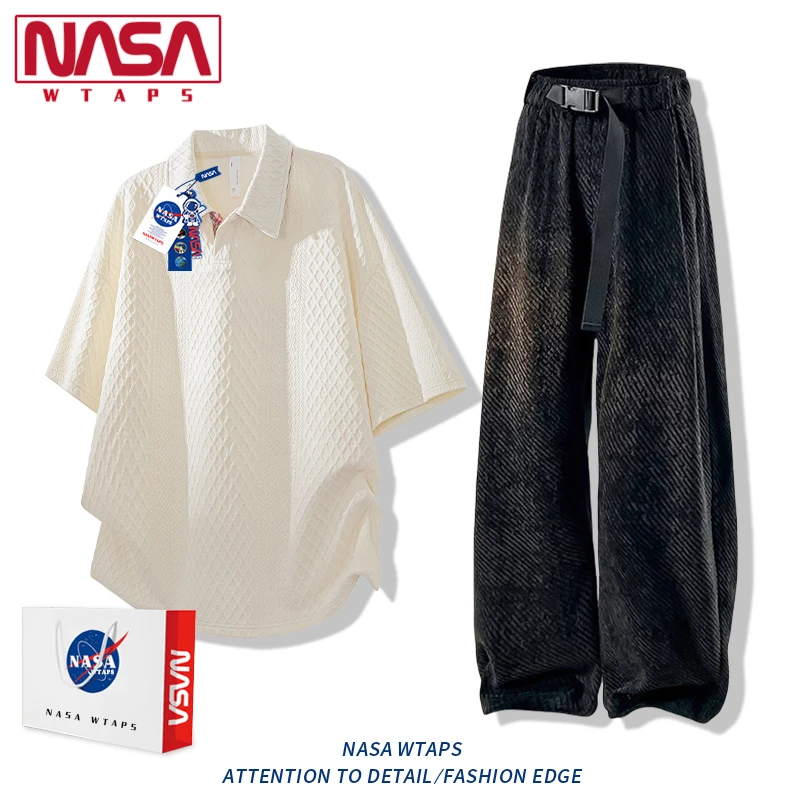 NASA WTAPS短袖套装男士夏季新款翻领polo衫凉感透气休闲两件套男