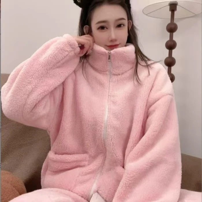 高领睡衣新款加绒保暖拉链家居服套装粉色米白休闲宽松睡衣两件套