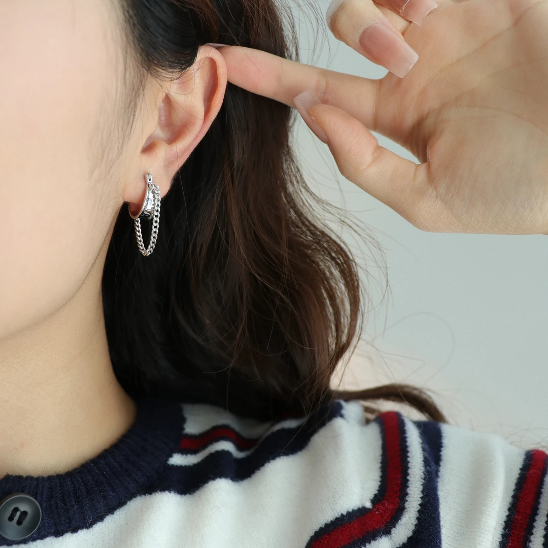 因缺斯汀饰品 铜合金耳饰 【链条耳圈】金银色几何链条耳扣甜酷耳夹