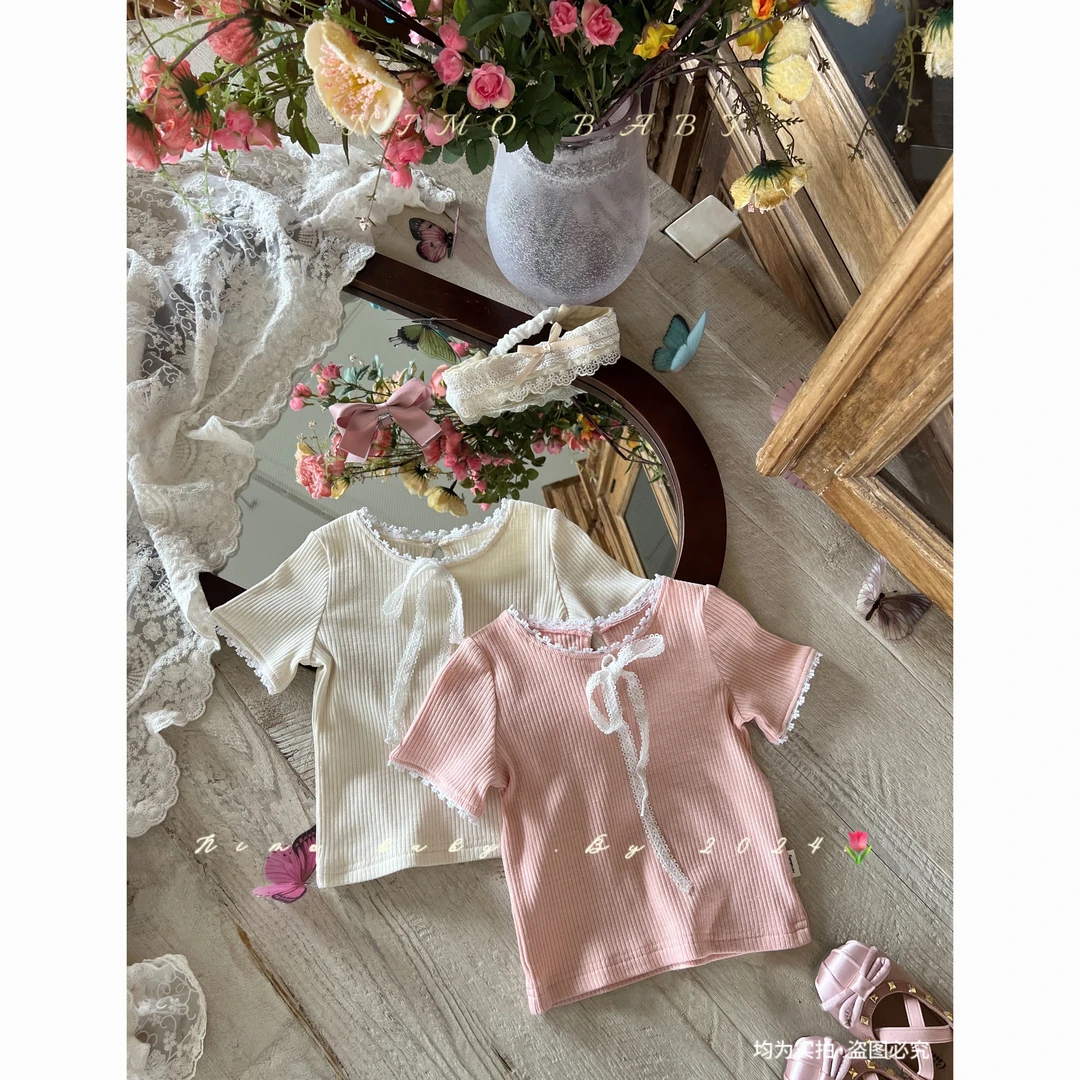 NEMO【糖霜】韩系夏款打底衣甜美百搭圆领纯色钩花系带短袖款T恤