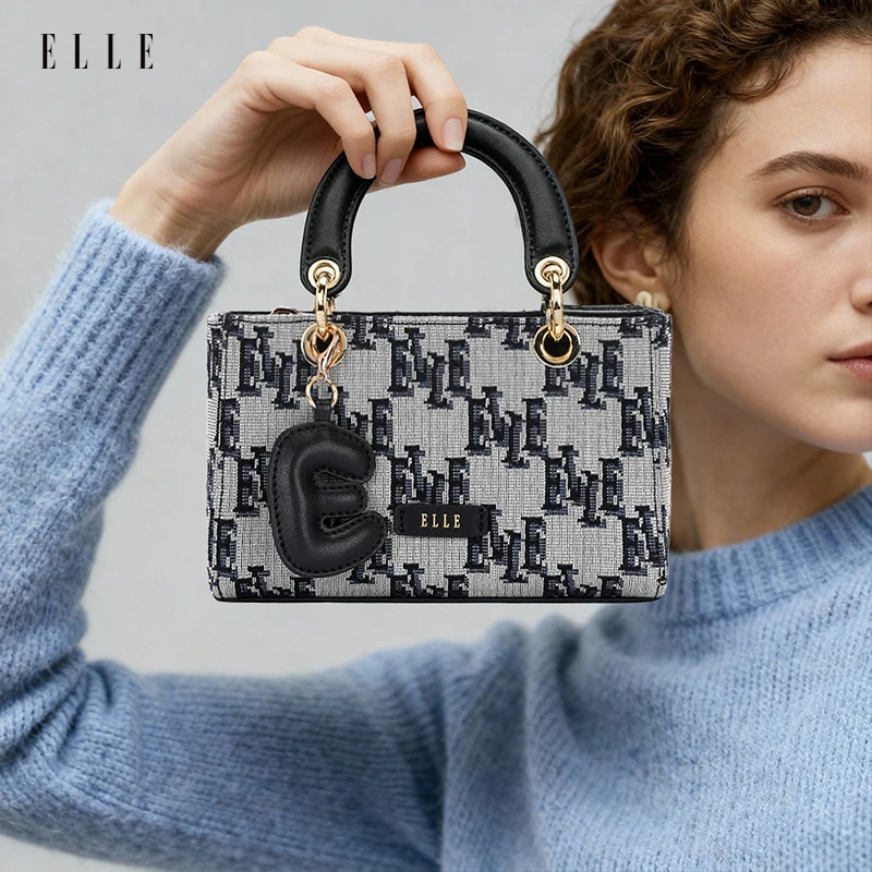 ELLE25年新款【七夕礼物】时尚复古设计师老花手拎斜挎包潮款女士包