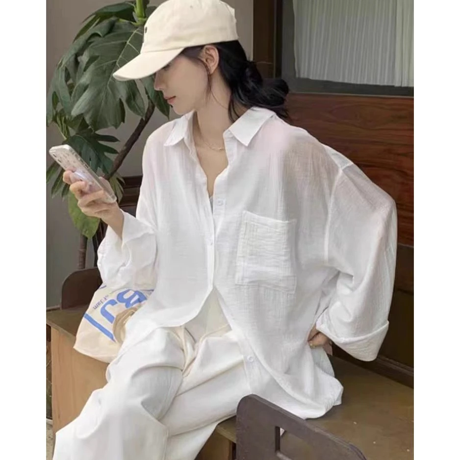 白色防晒衣衬衫女款春夏季薄款外搭开衫宽松休闲亚麻上衣YB0803